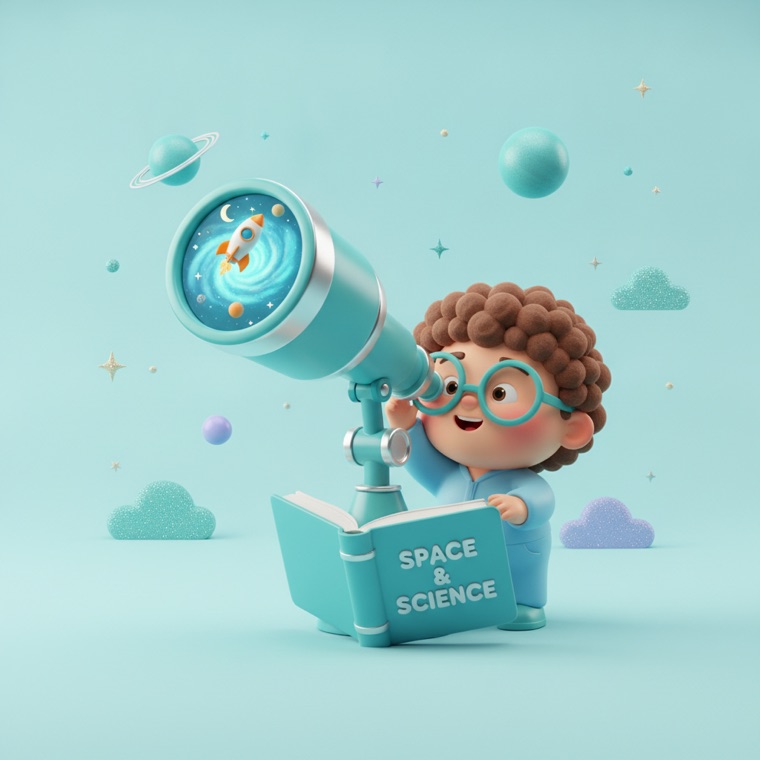 A curious child looking through a telescope at planets and a rocket