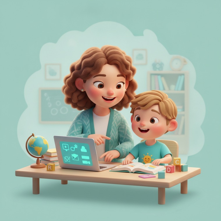 A tutor helping a happy child one-on-one